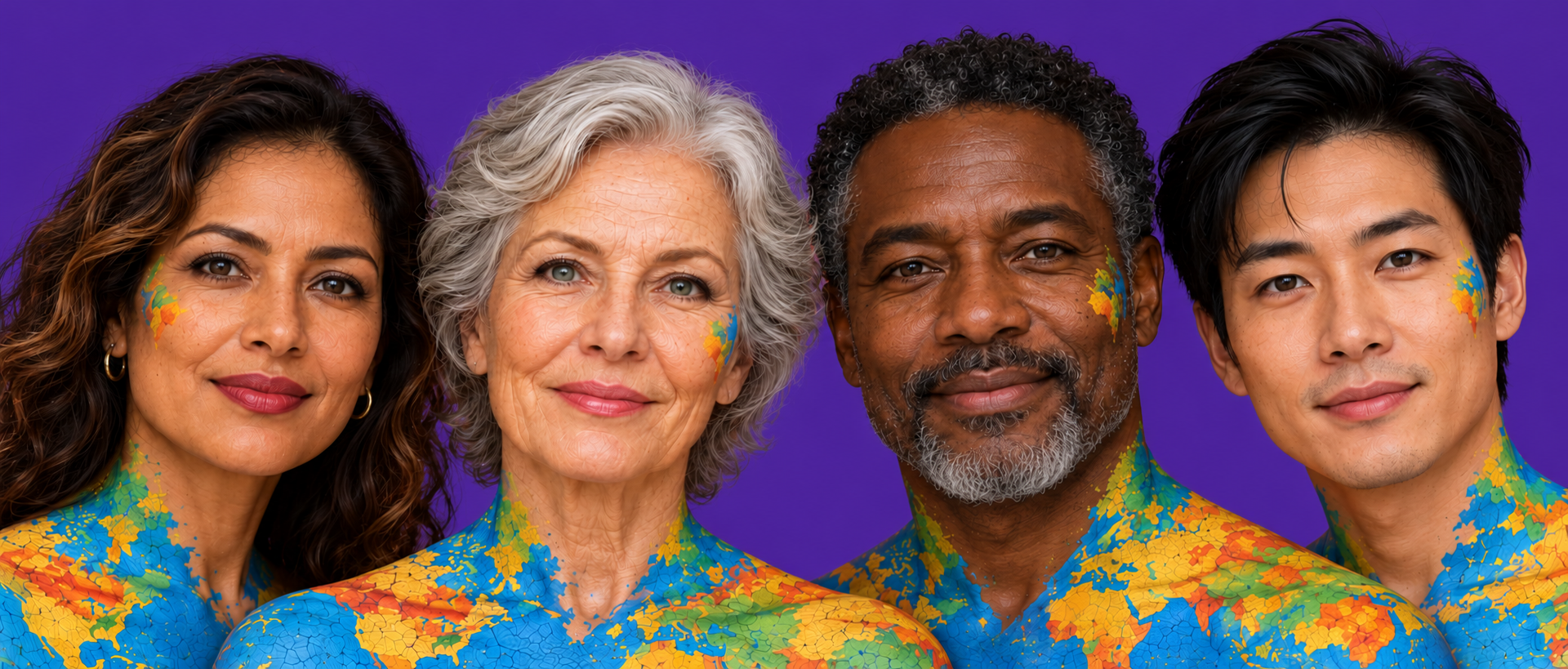 Four people of different ages and backgrounds, with world maps painted on their shoulders