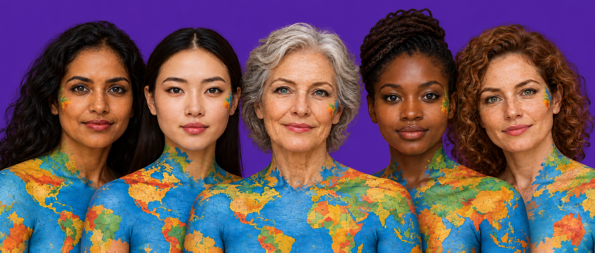 Five women of different ages and backgrounds, with world maps painted on their shoulders