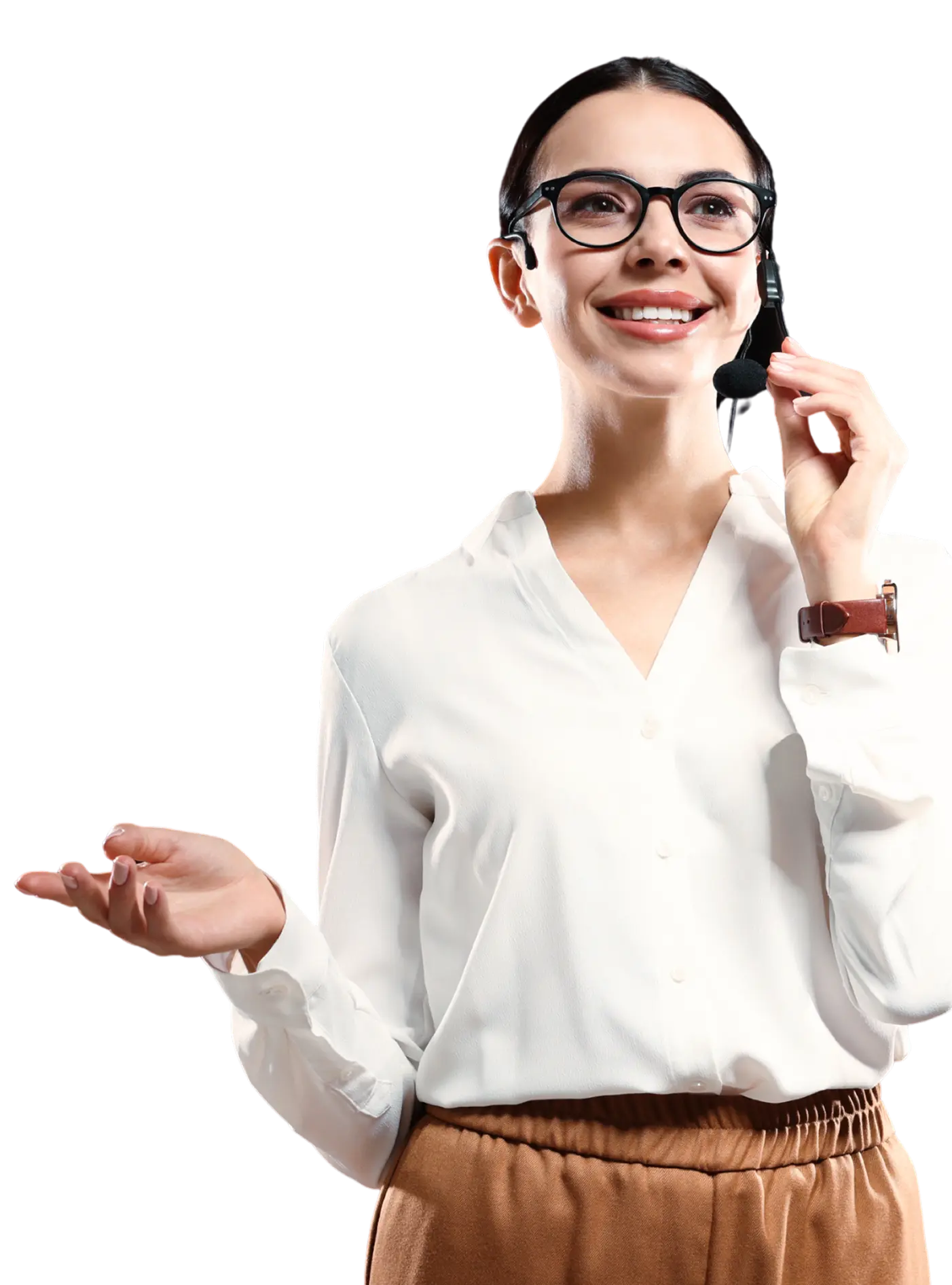 Woman speaking on a speaker/microphone